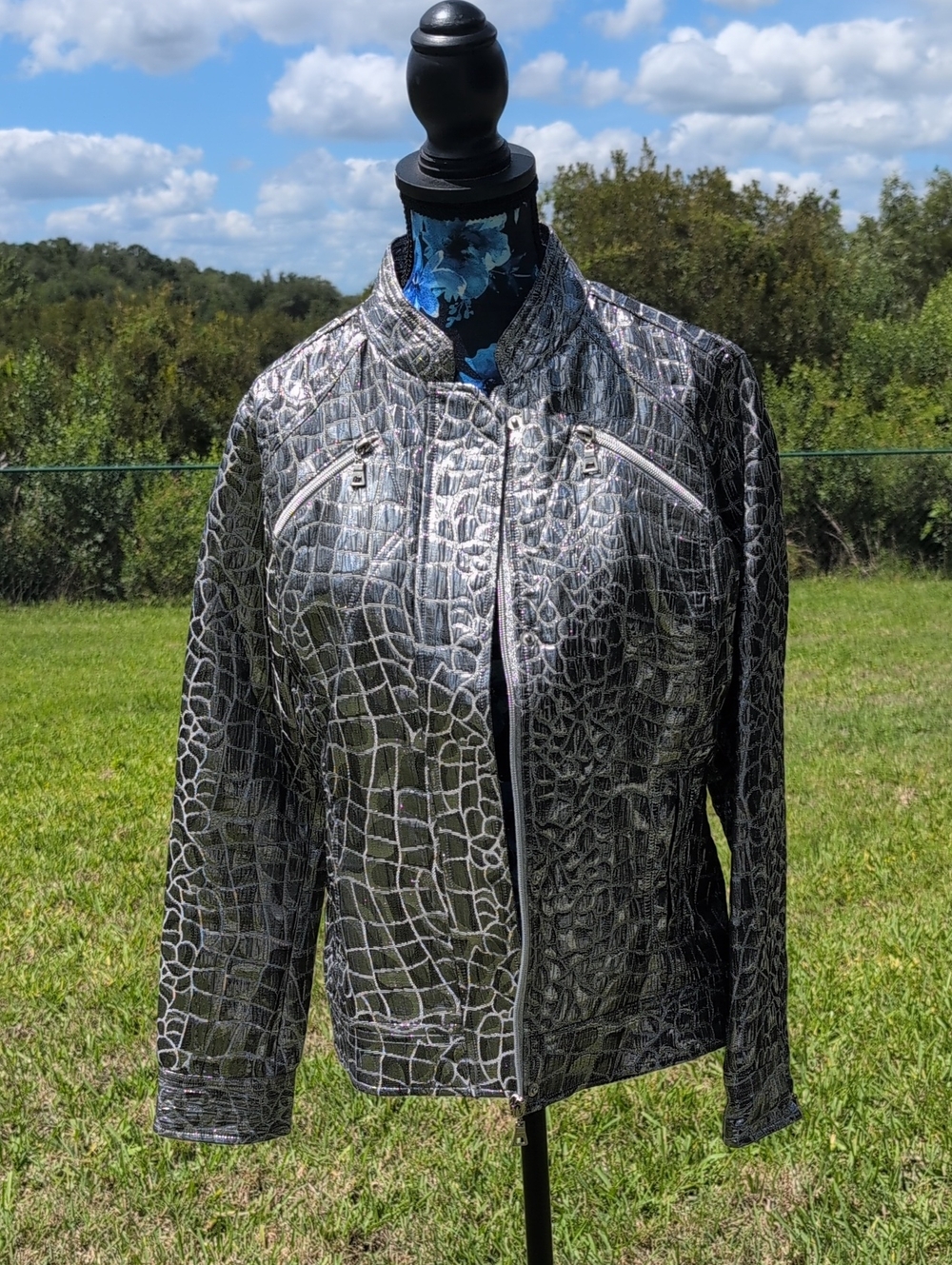 Chico Size 0  Metallic Croc-Embossed Moto Jacket - Silver